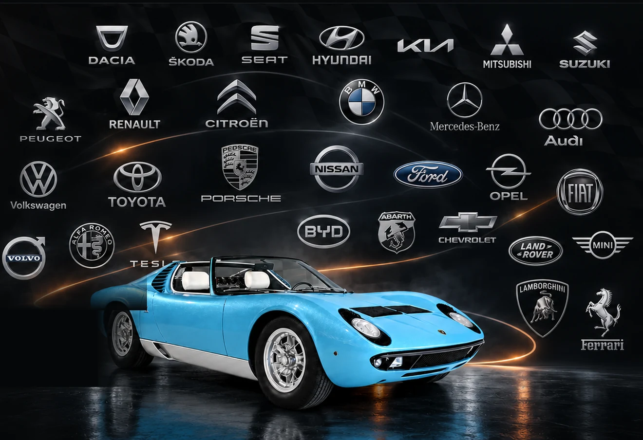 Voiture de collection bleu métallisé entourée de logos de constructeurs automobiles